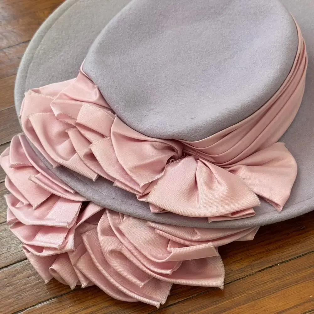 vintage wide brim wool hat ribbon rosette - Picture 3 of 5